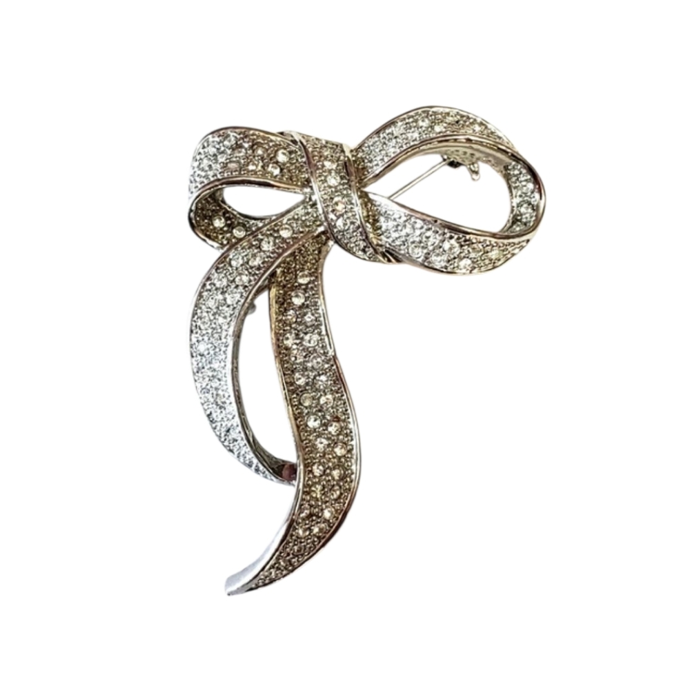 Vintage Silver Tone Rhinestone Bow Brooch, Silvertone Ribbon Pin